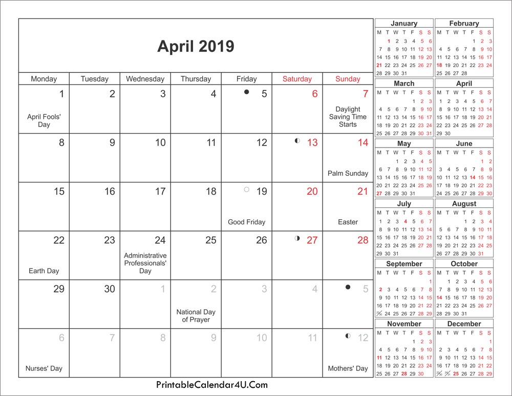2019 12 Month Printable Calendar April 2019 Calendar Pdf