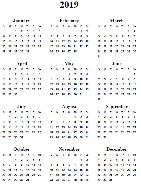 2019 Annual Calendar Printable 2019 Calendar Word