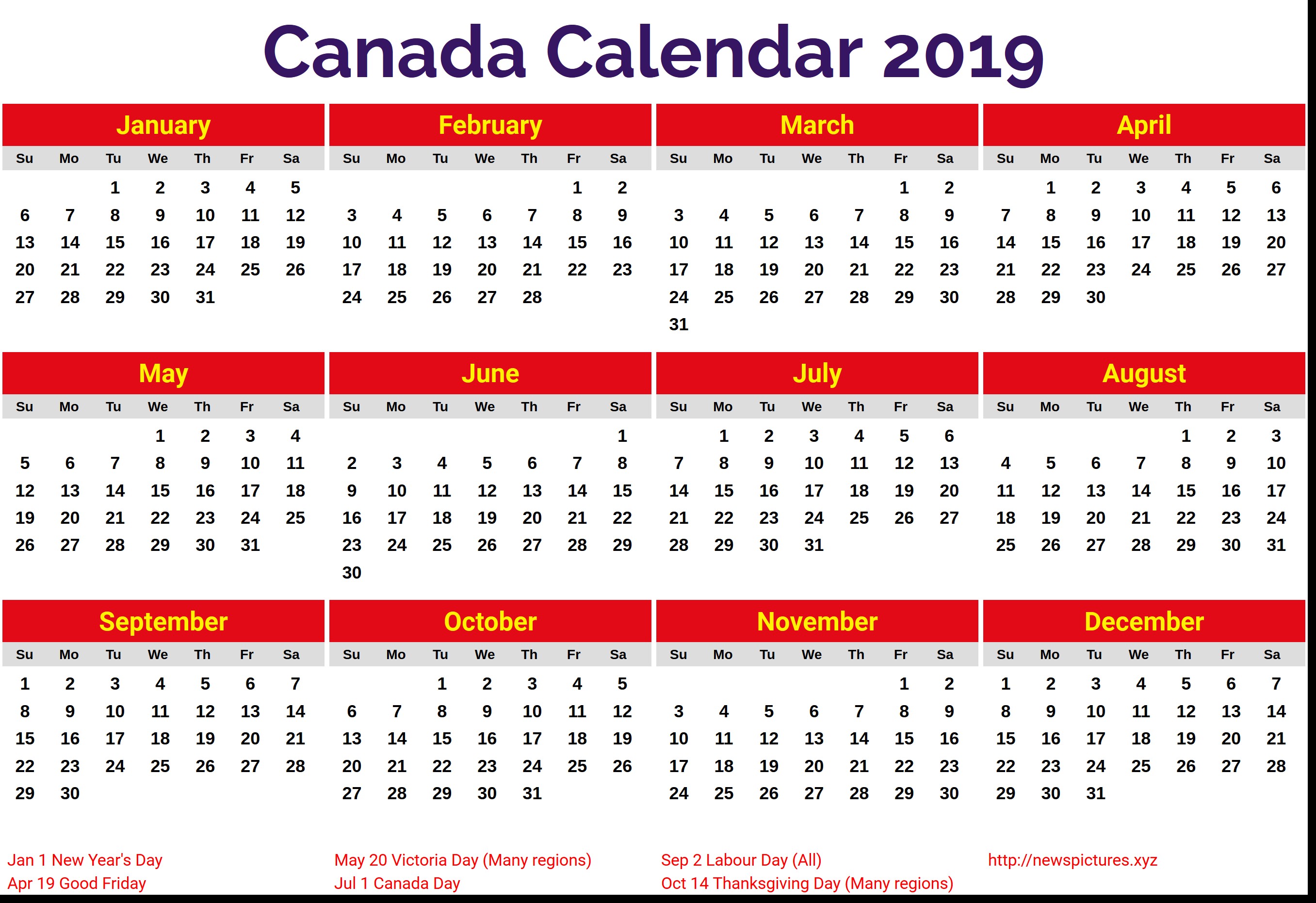 canada 2019 calendar