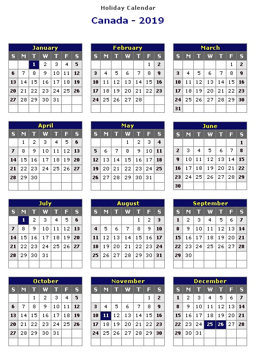 2019 Calendar Holidays Printable 2019 Calendar Canada