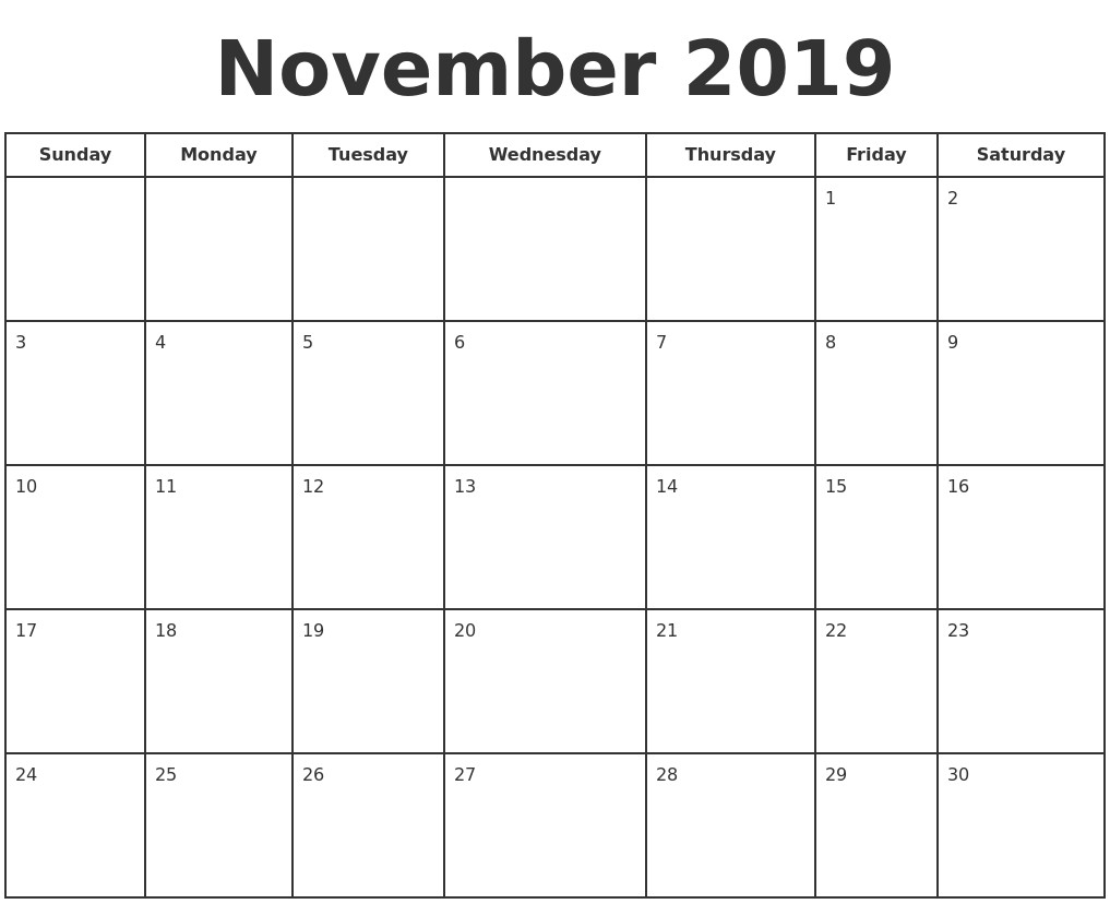 november 2019 print a calendar