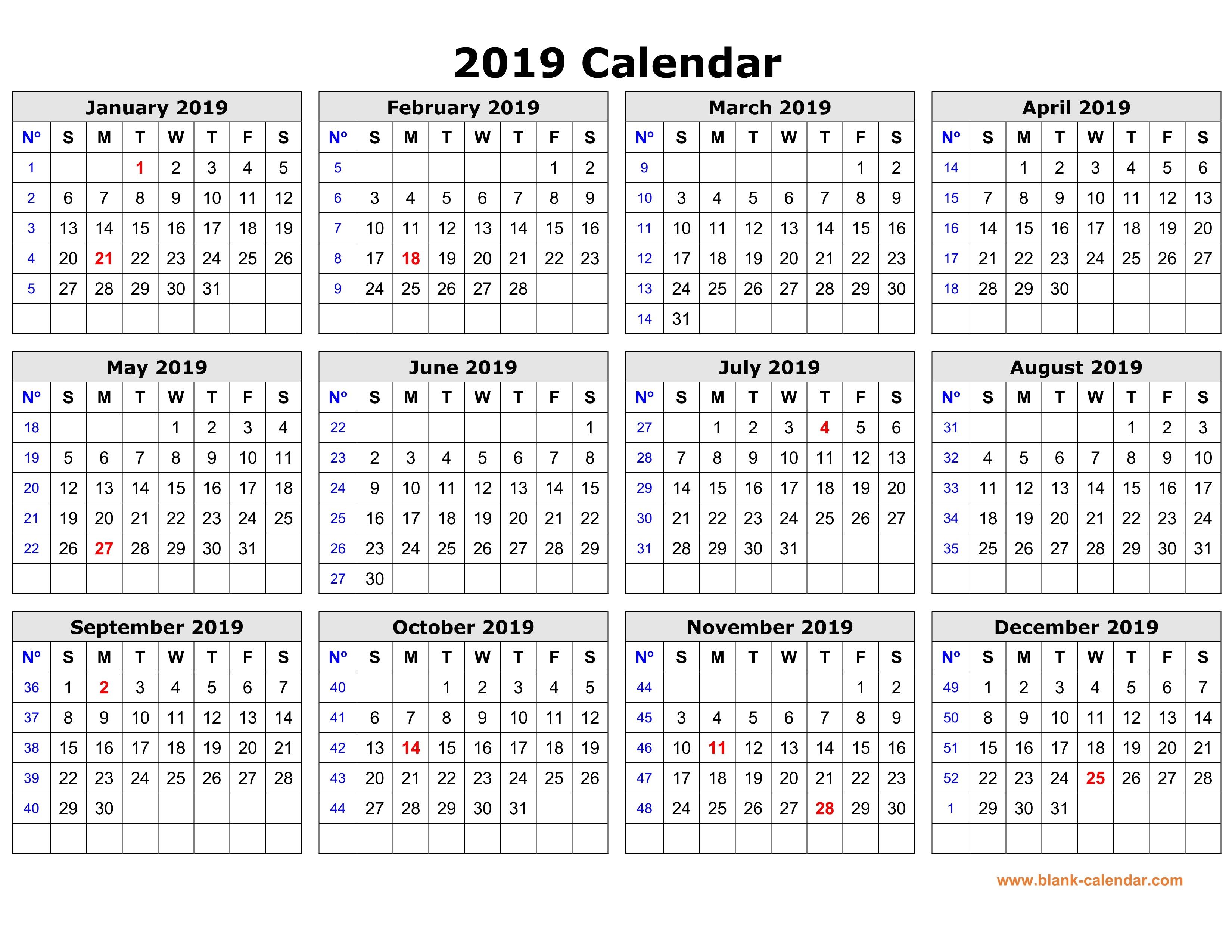 2019 Calendar One Page Printable Free Download Printable Calendar 2019 In One Page Clean