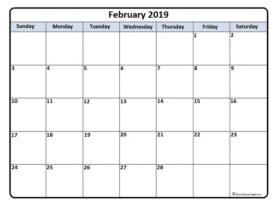 CALENDAR=February 2019 blank calendar