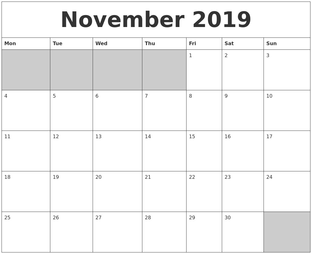 november 2019 blank printable calendar