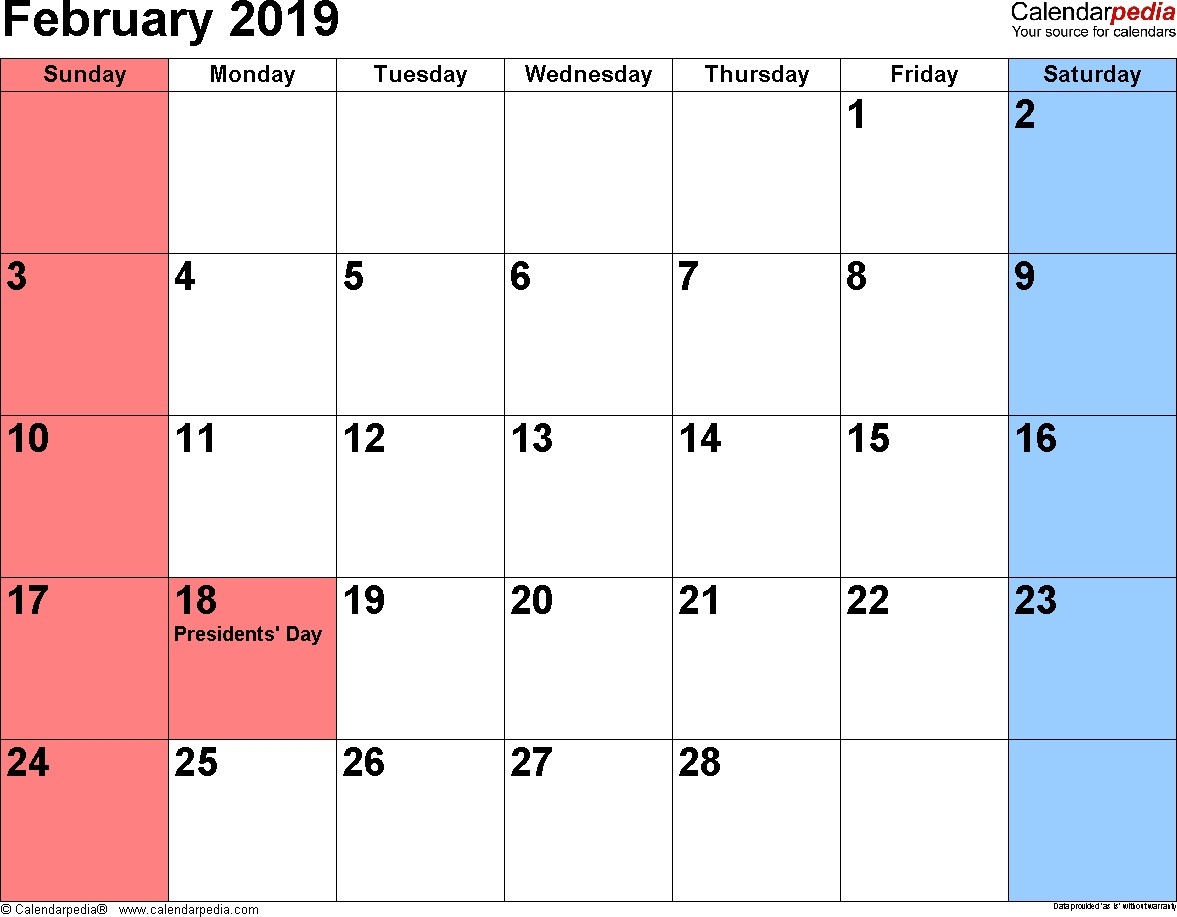2019 February Calendar Printable February 2019 Calendars for Word Excel &amp; Pdf