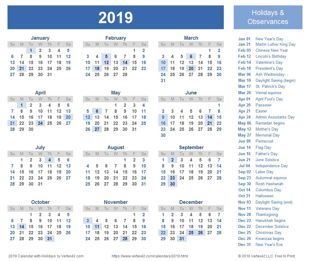 2019 Free Printable Calendar with Holidays 2019 Calendar Templates and