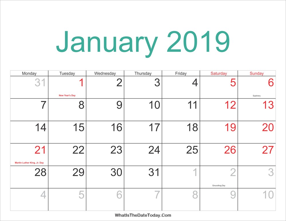 january 2019 calendar printable holidays