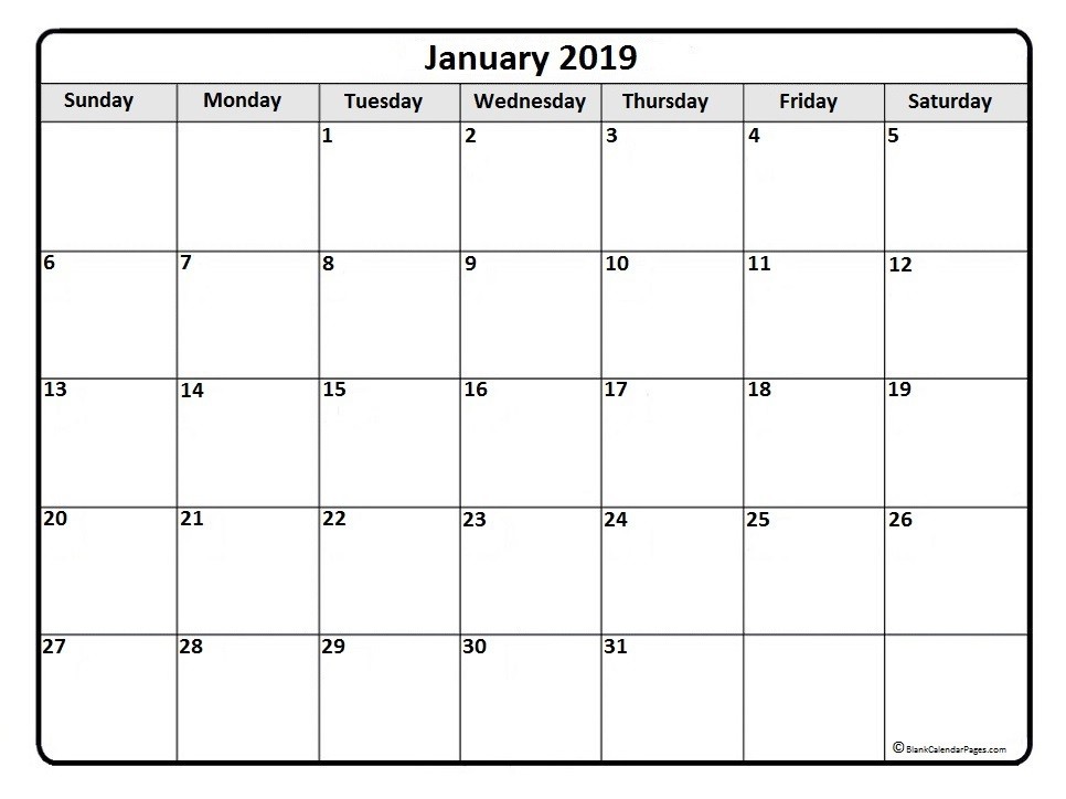 2019 Monthly Printable Calendar January 2019 Calendar