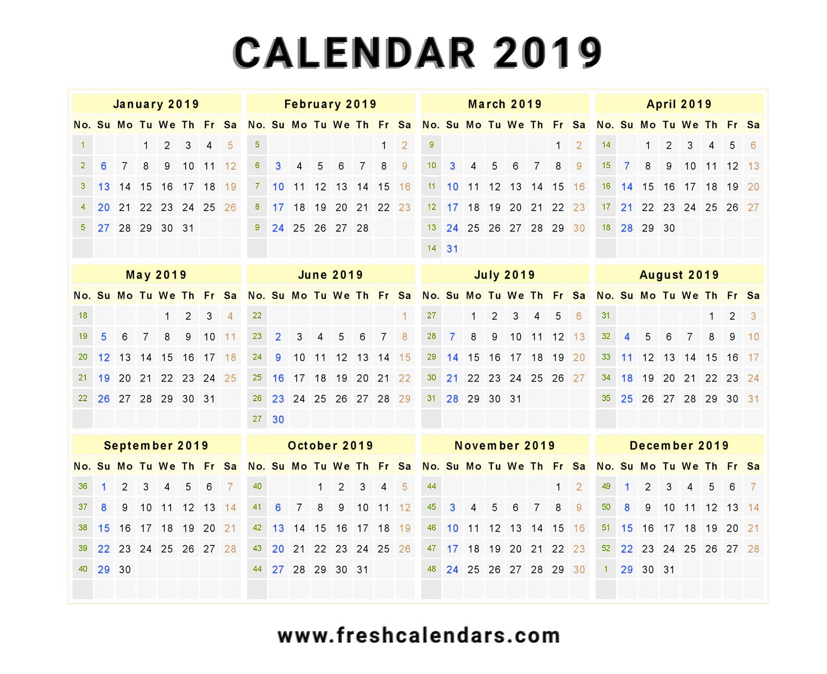 2019 One Page Calendar Printable 2019 Calendar Free Download Your Calendar Guy