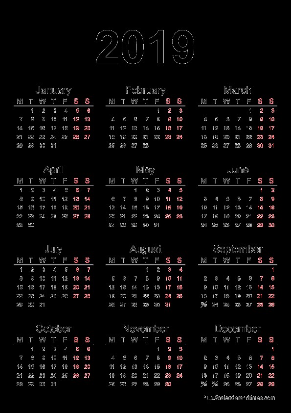 calendar 2019 printable one page