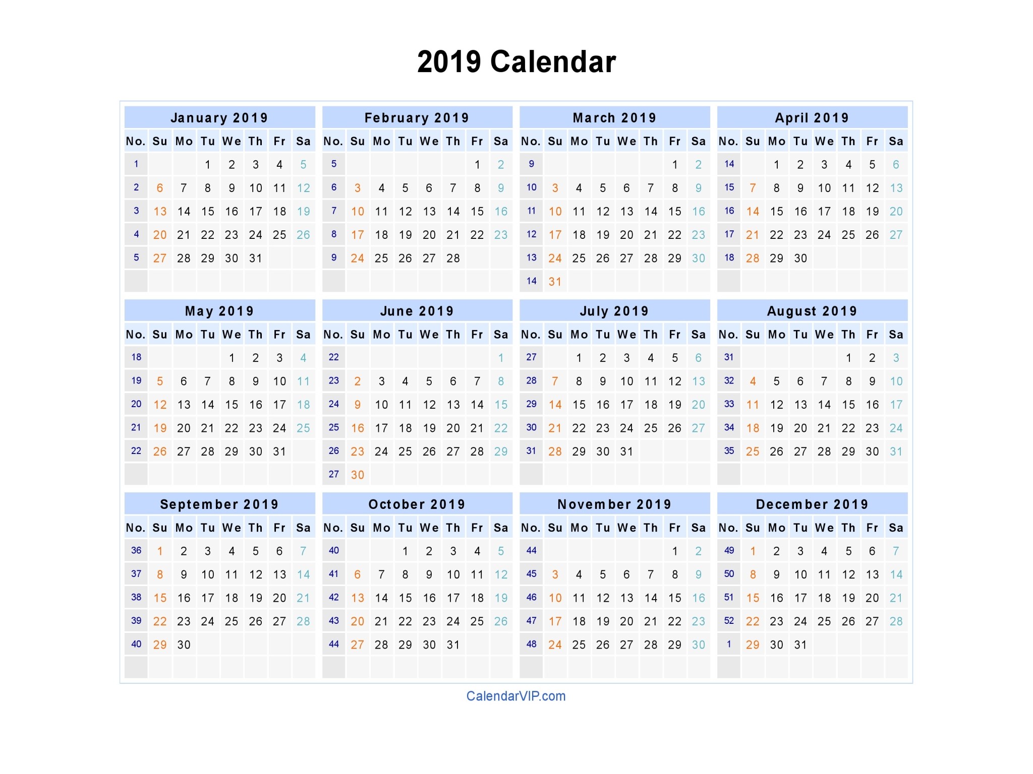 2019 Weekly Calendar Printable 2019 Calendar Blank Printable Calendar Template In Pdf