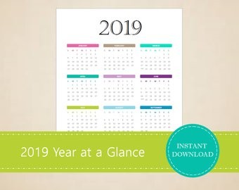 2019 Year at A Glance Printable Calendar Mb Printable On Etsy Handmade Hunt