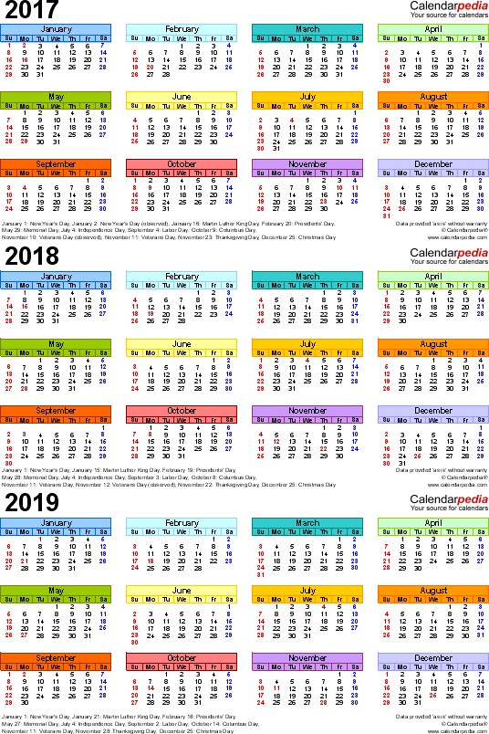 3 Year Calendar Printable 2017 2018 2019 Calendar 4 Three Year Printable Excel