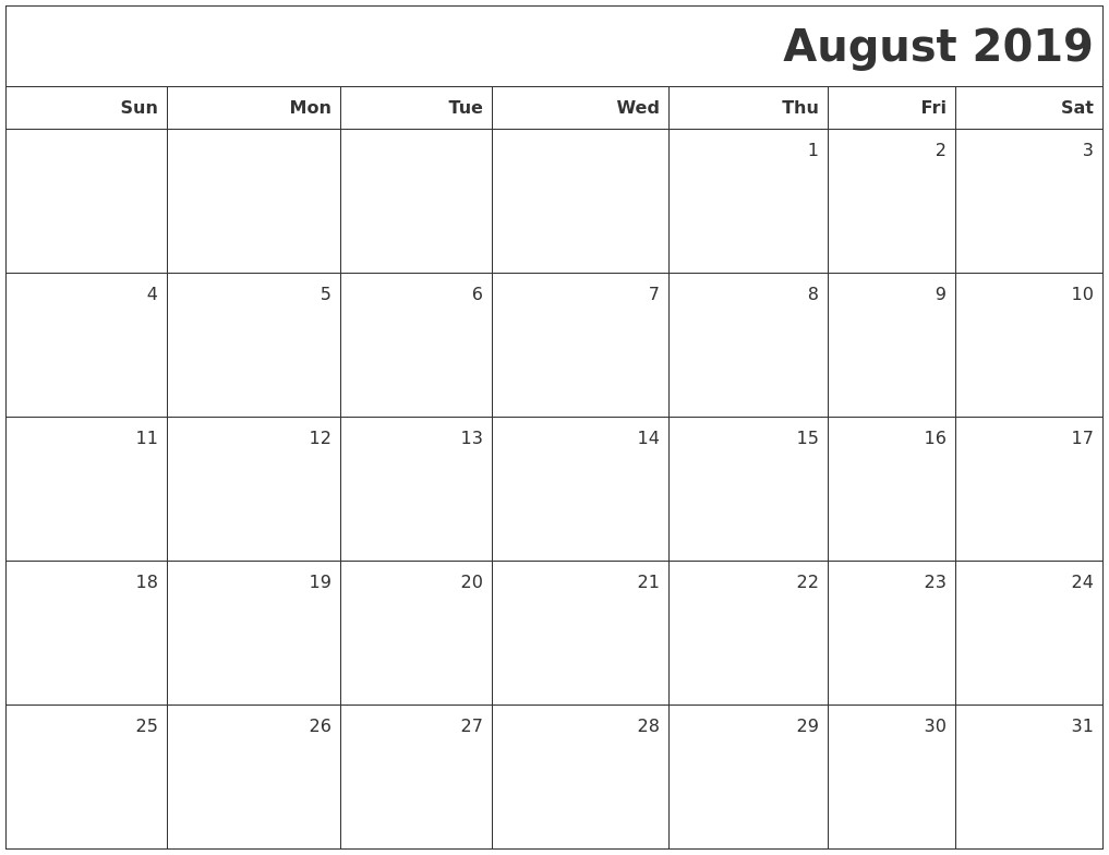 August 2019 Calendar Printable October 2019 Word Calendar