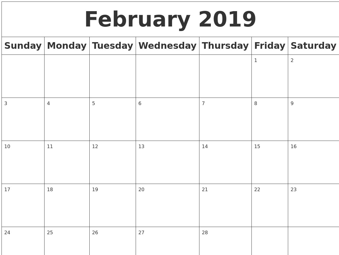 Blank February 2019 Calendar Printable February 2019 Blank Calendar