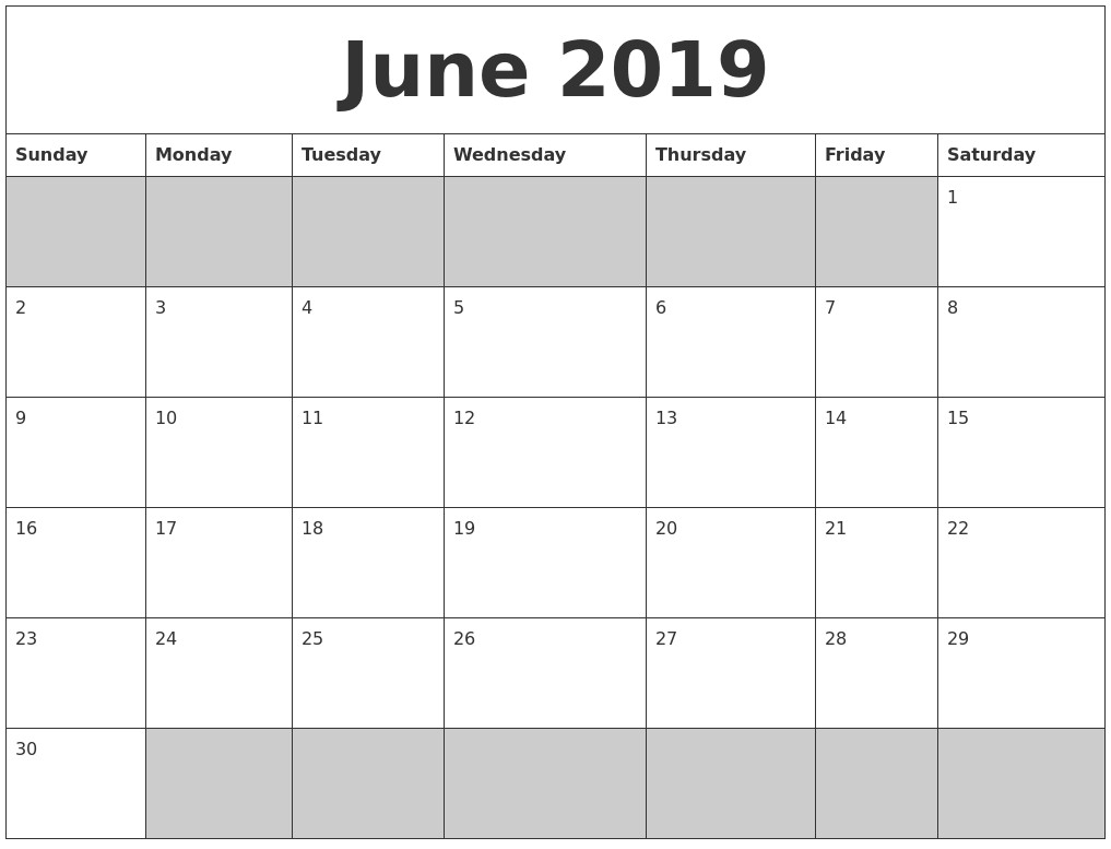 june 2019 blank printable calendar