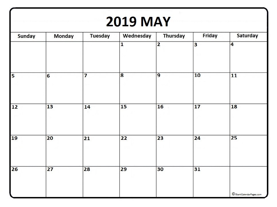 Blank Monthly Calendar 2019 Printable May 2019 Calendar