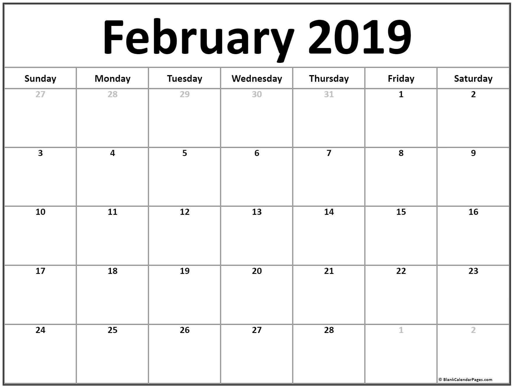 Blank Printable February 2019 Calendar February 2019 Calendar