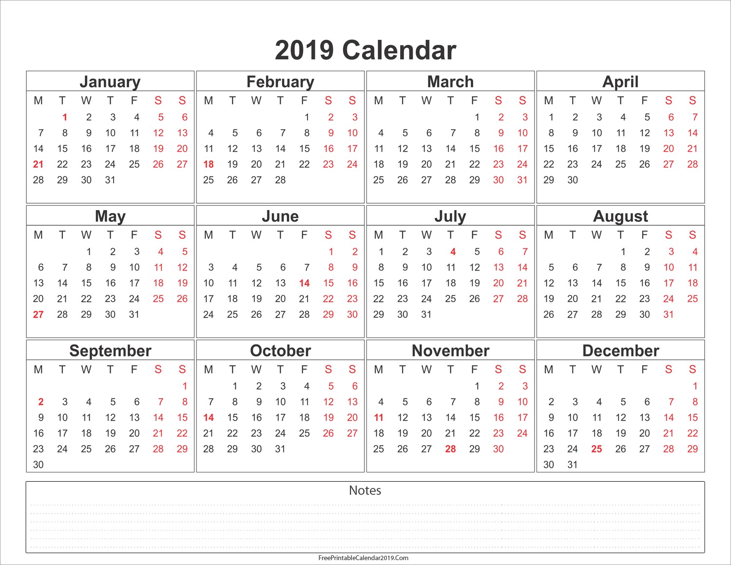 Calendar 2019 and 2019 Printable Free Printable Calendar 2019 with Holidays In Word Excel Pdf