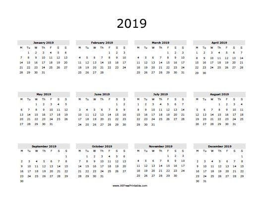 Free 2019 Printable Yearly Calendar 2019 Calendar Free Printable Myfreeprintable