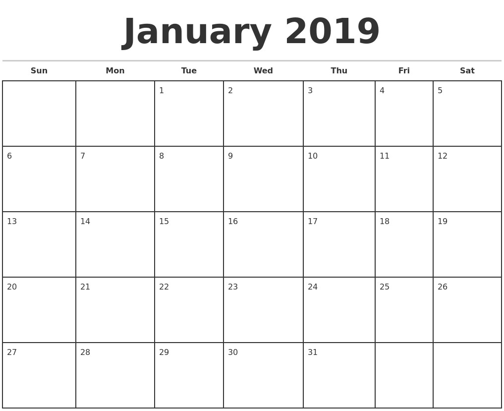 january 2019 monthly calendar template