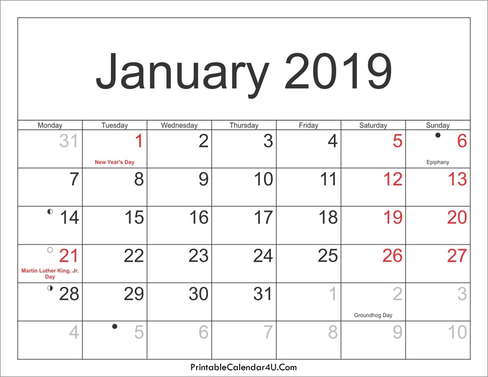 Free Printable Calendar with Holidays 2019 Printable Calendar 2019 with Holidays