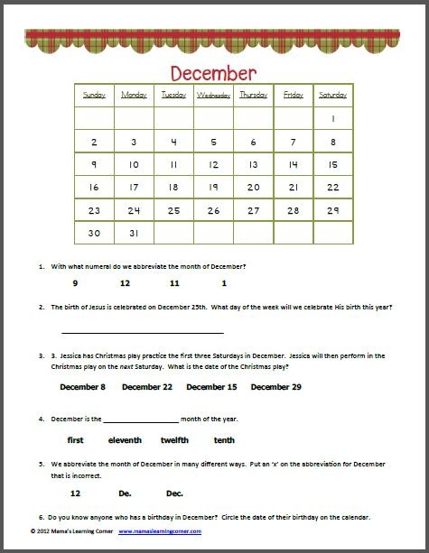 Free Printable Calendar Worksheets December Calendar Worksheet