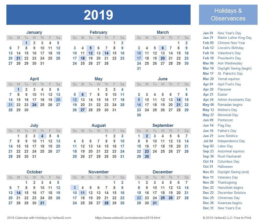 free printable 2019 calendar with holidays