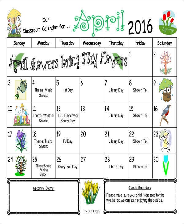 classroom calendar template