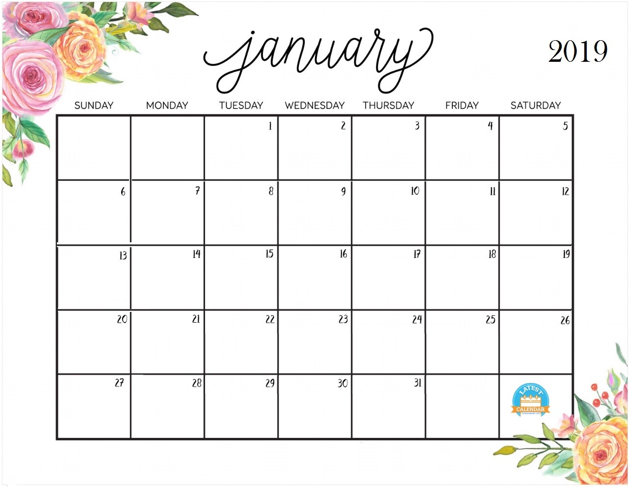 January Calendar Printable 2019 Printable January 2019 Calendar