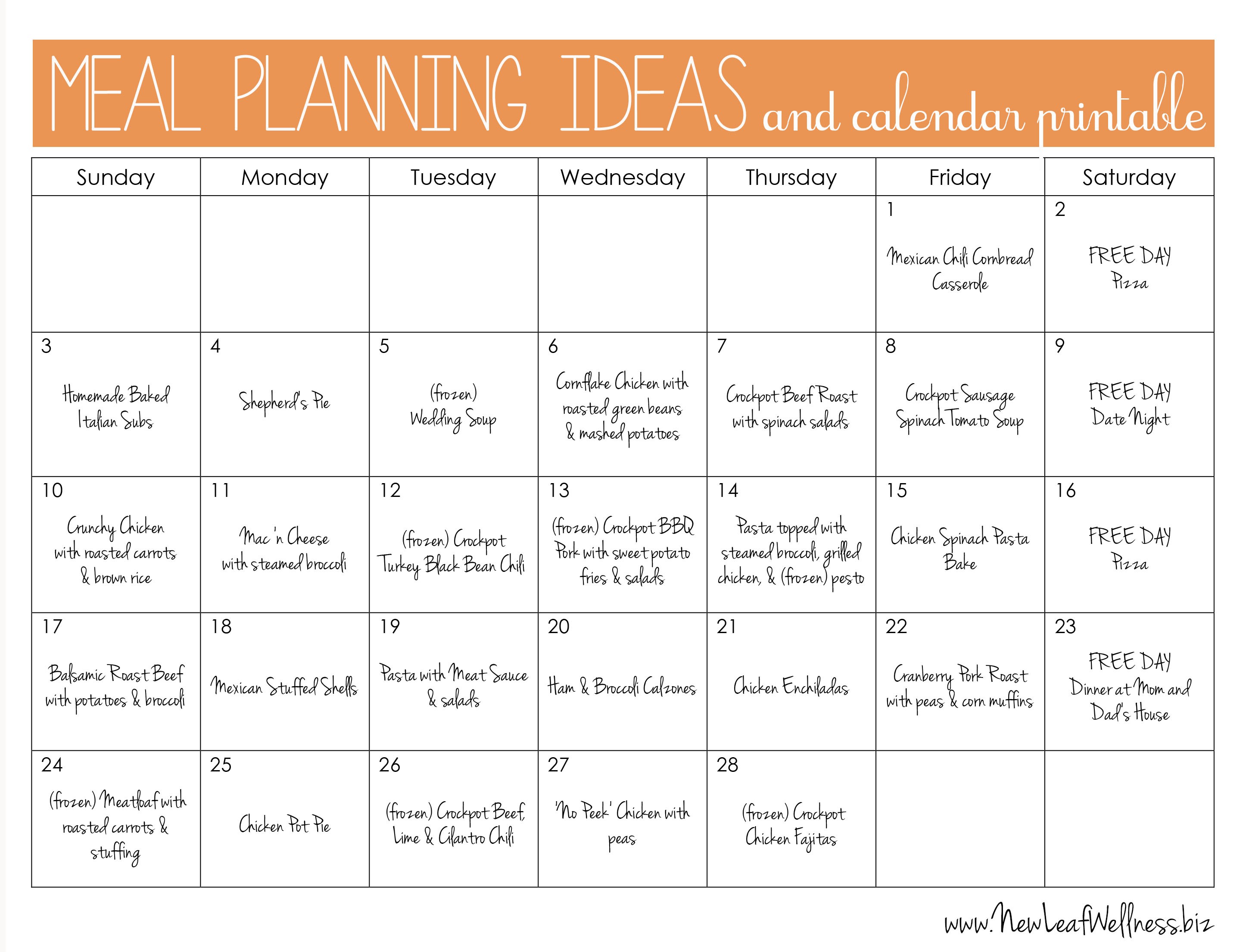 meal plan calendar