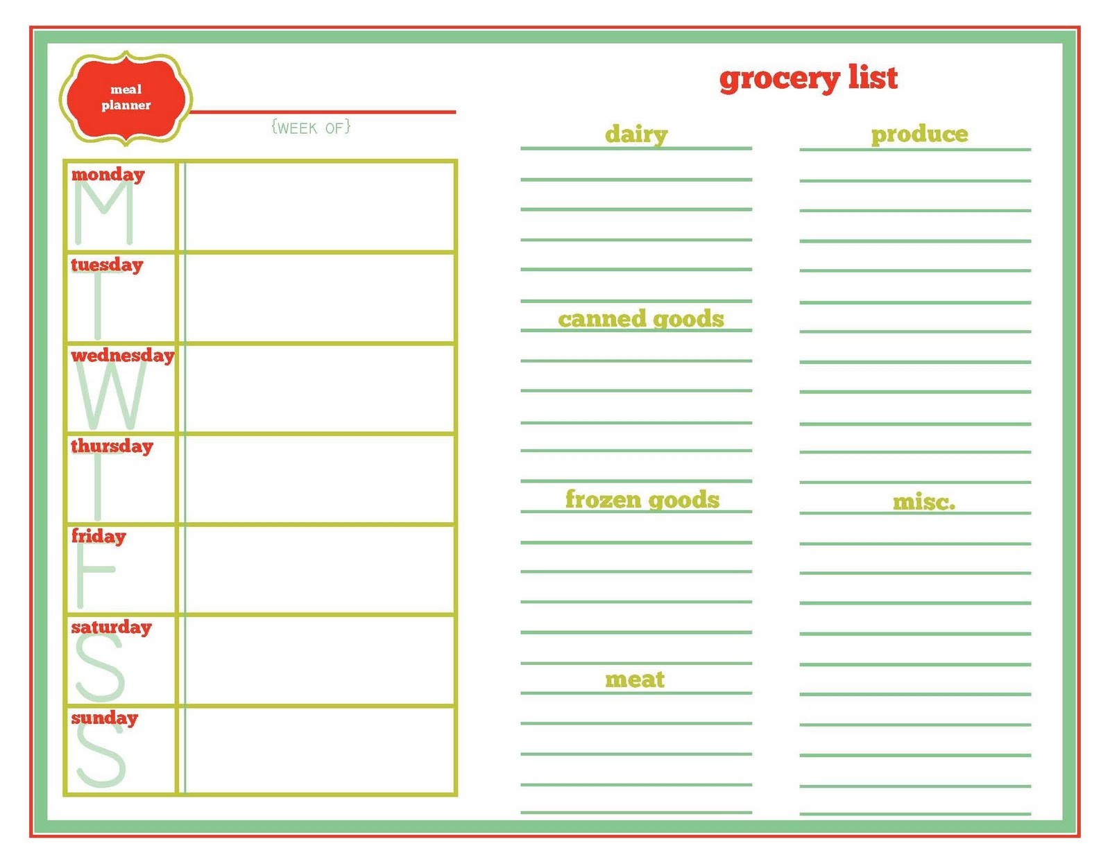 printable meal planning template