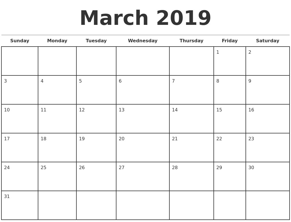 march 2019 monthly calendar template