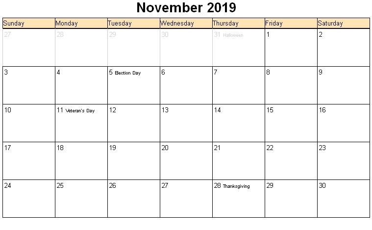 November 2019 Calendar Printable November 2019 Calendar with Holidays