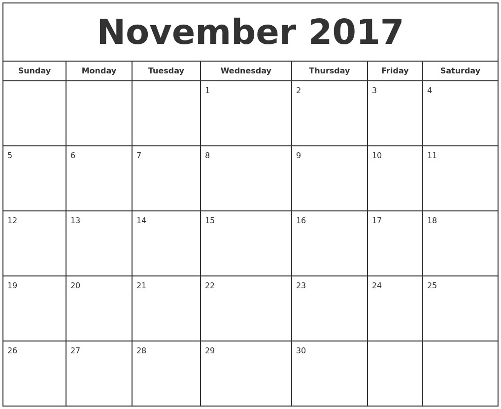 November Free Printable Calendar November 2017 Print Free Calendar