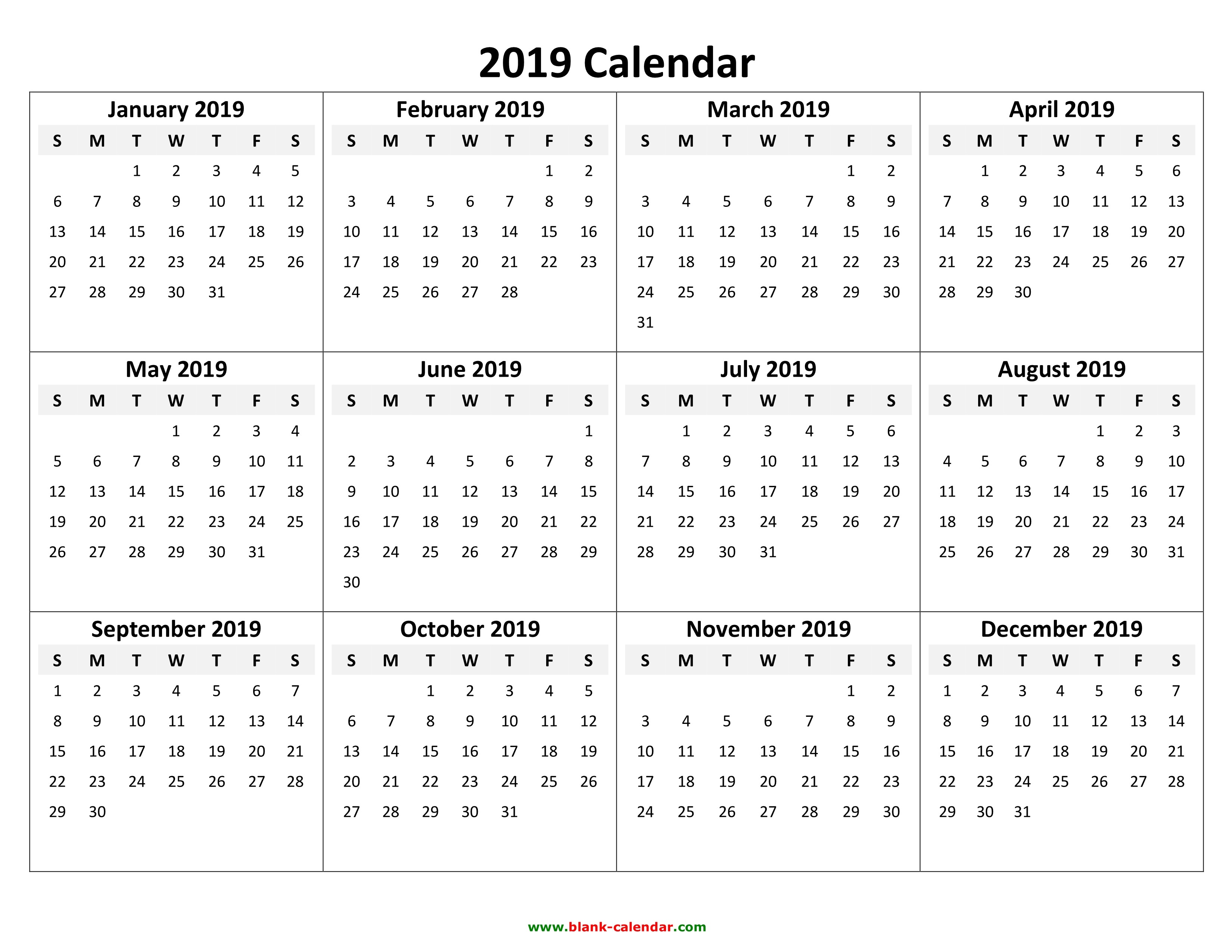 One Year Calendar Printable 2019 Yearly Calendar 2019