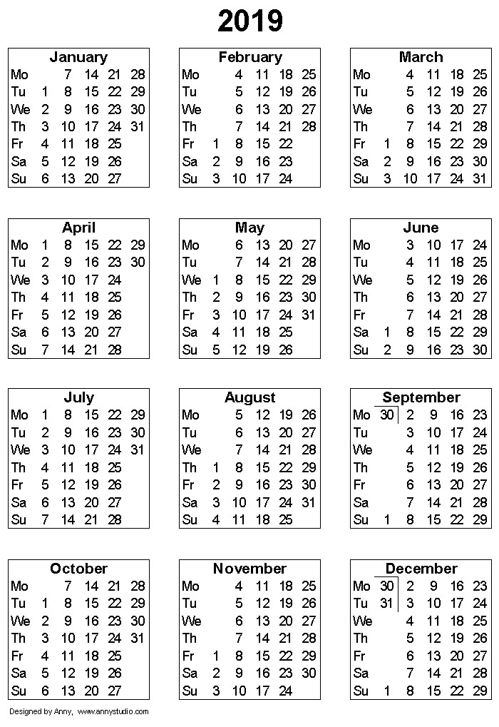 Printable 2019 Calendar On One Page Free Printable Calendars and Planners 2016 2017 2018 and