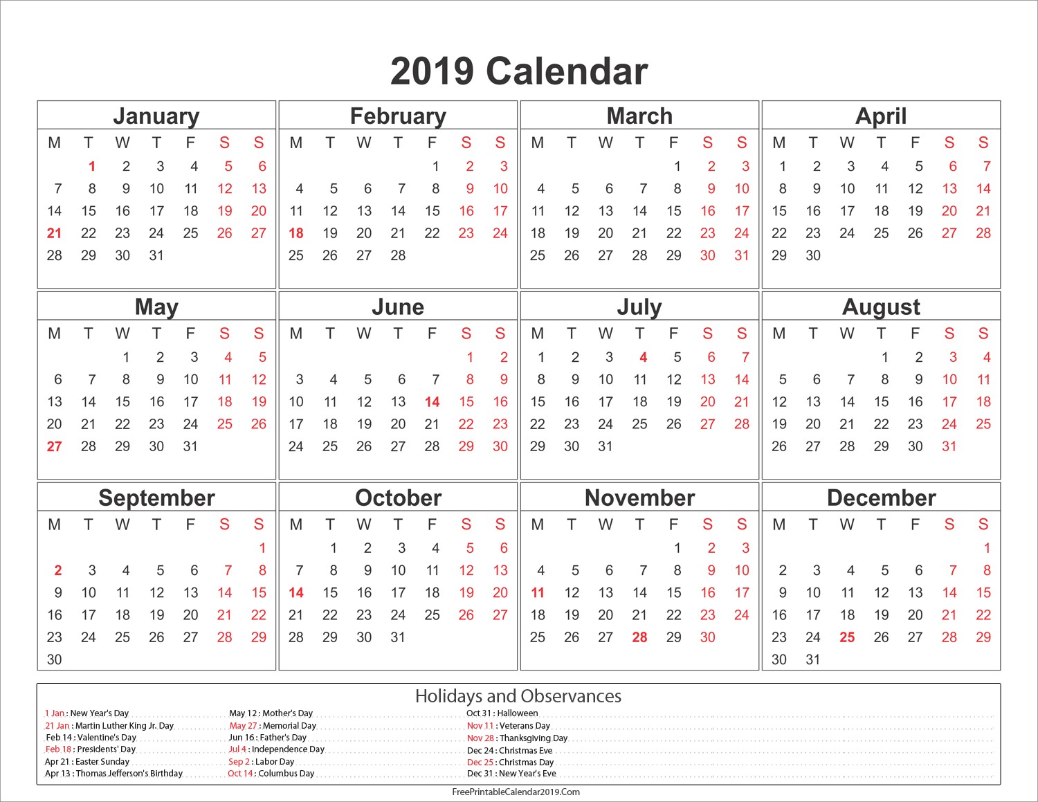 Printable 2019 Monthly Calendar Free Free Printable Calendar 2019 with Holidays In Word Excel Pdf