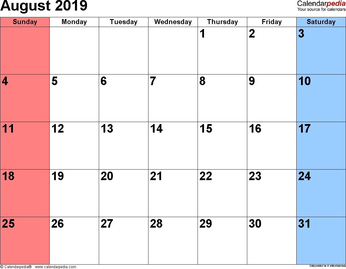 august 2019 calendar