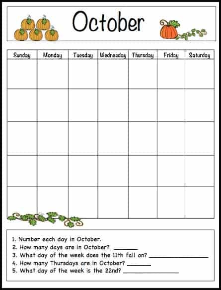 october learning calendar template kids free printable