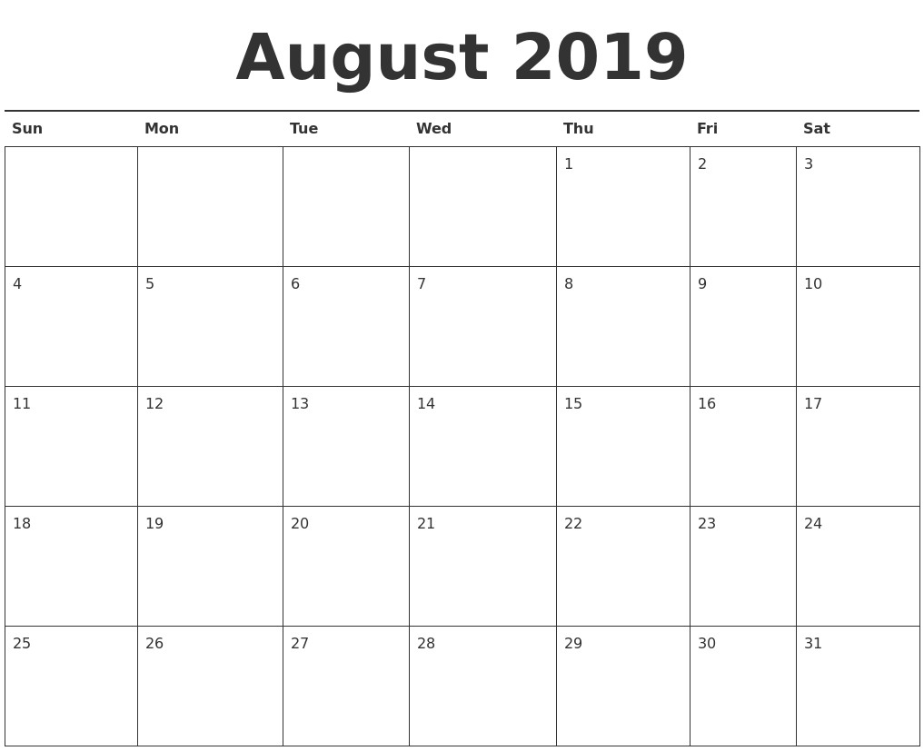 august 2019 calendar printable