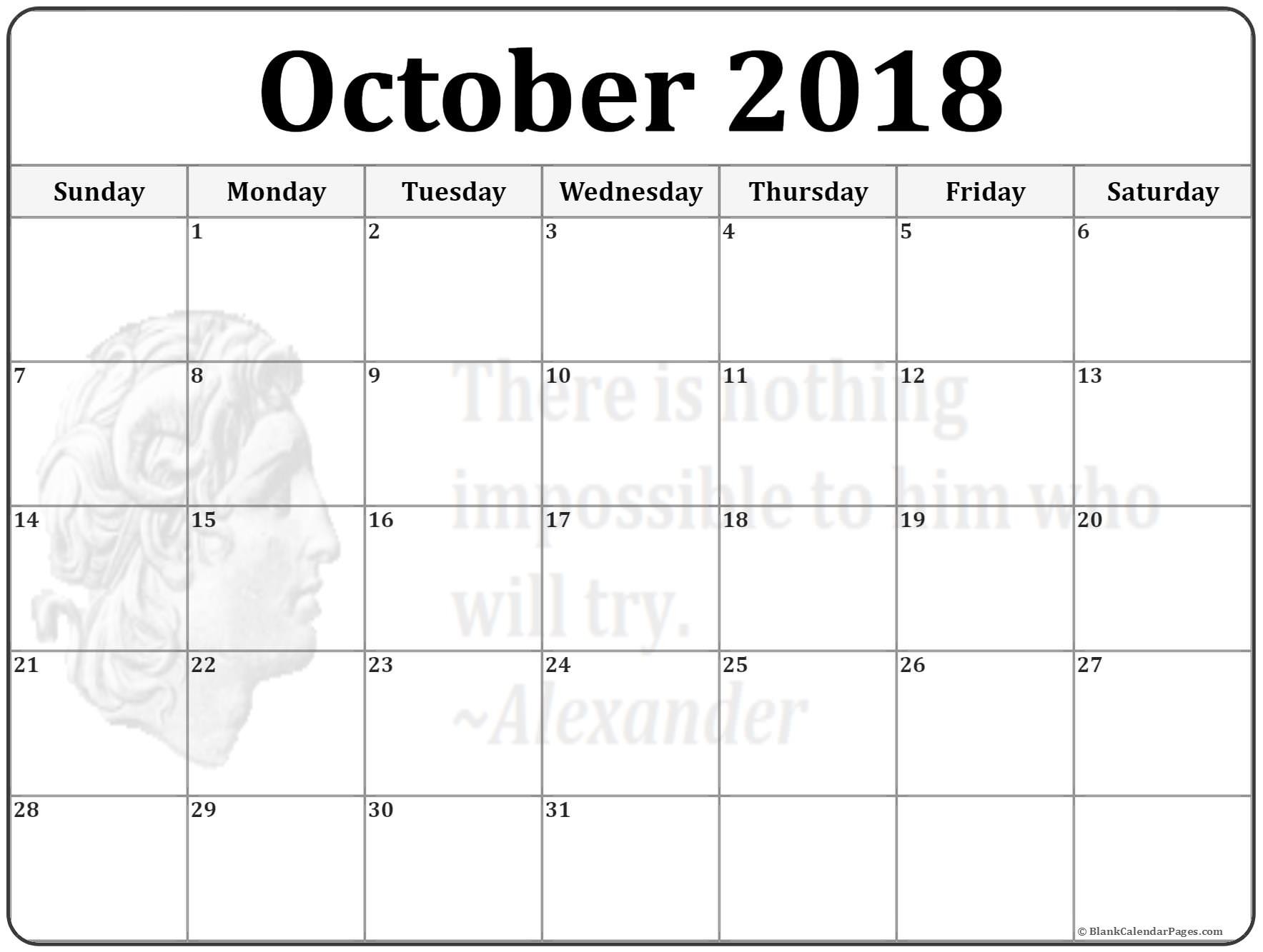 Printable Calendar Pages October 2018 Calendar