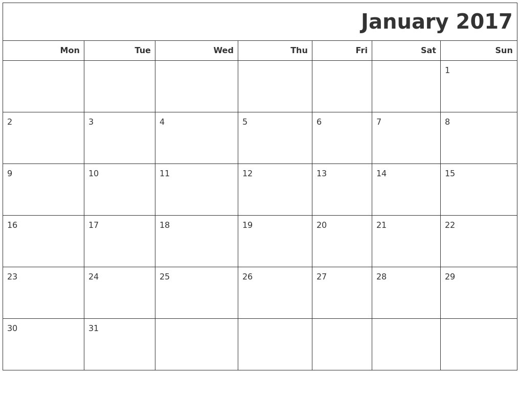january 2017 calendars to print