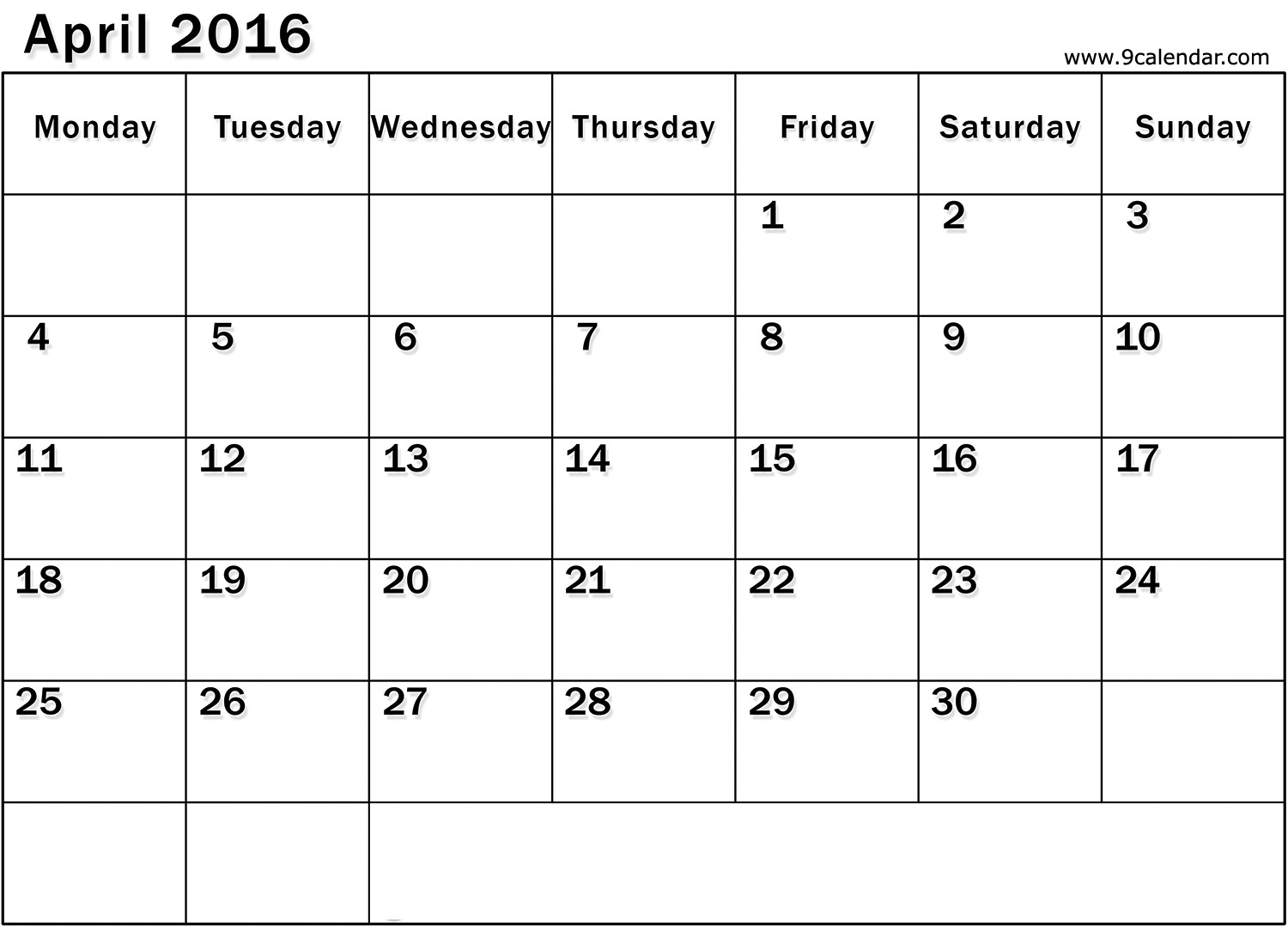 printable blank monthly calendar may 2016 starting monday uk