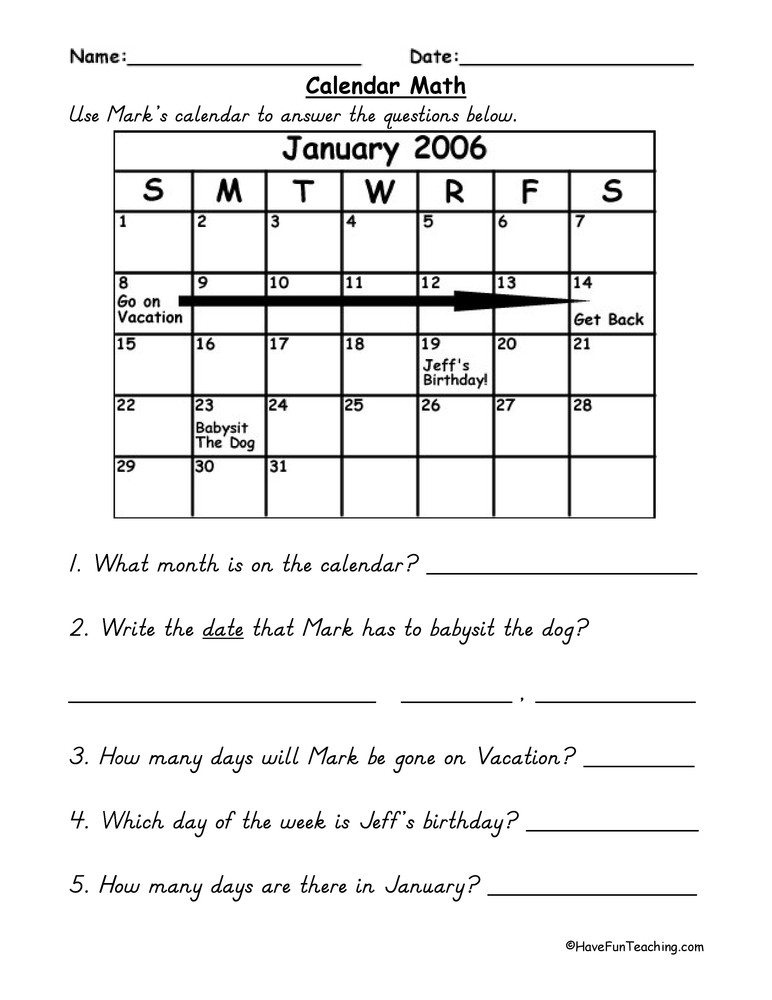 calendar worksheets