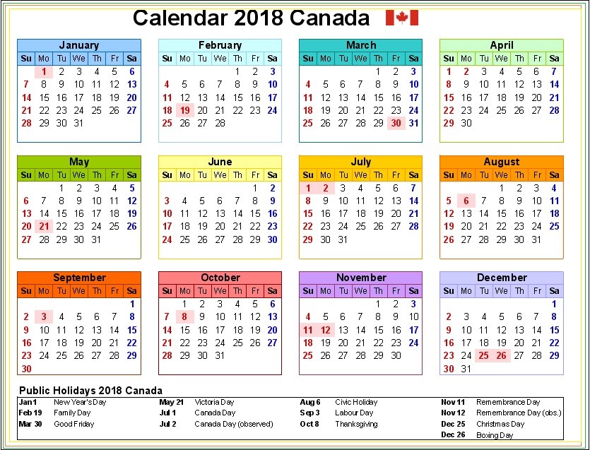 2018 holidays calendar canada