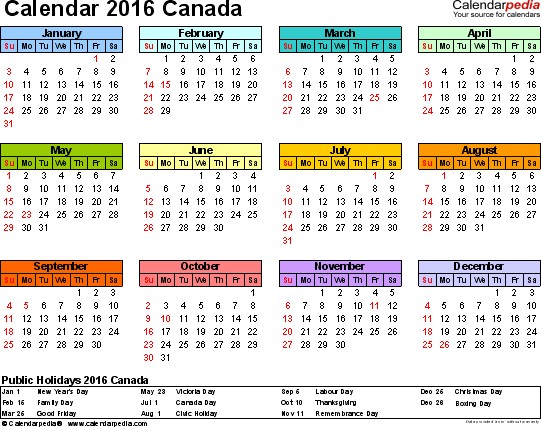 canada calendar 2016 excel templates