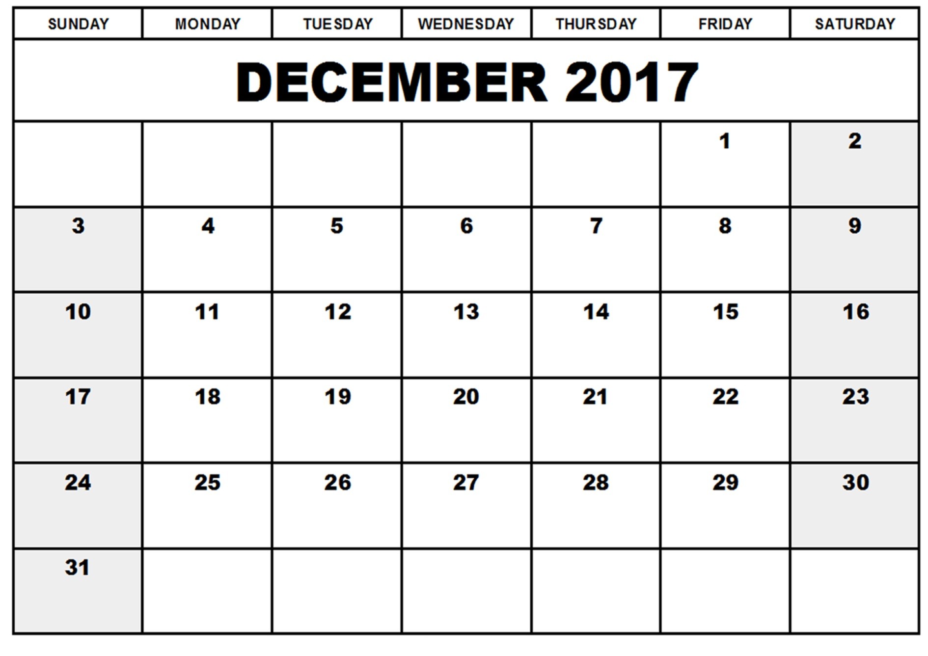 december 2017 printable calendar