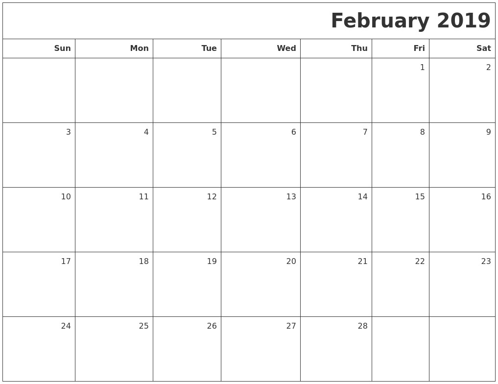 february 2019 printable blank calendar