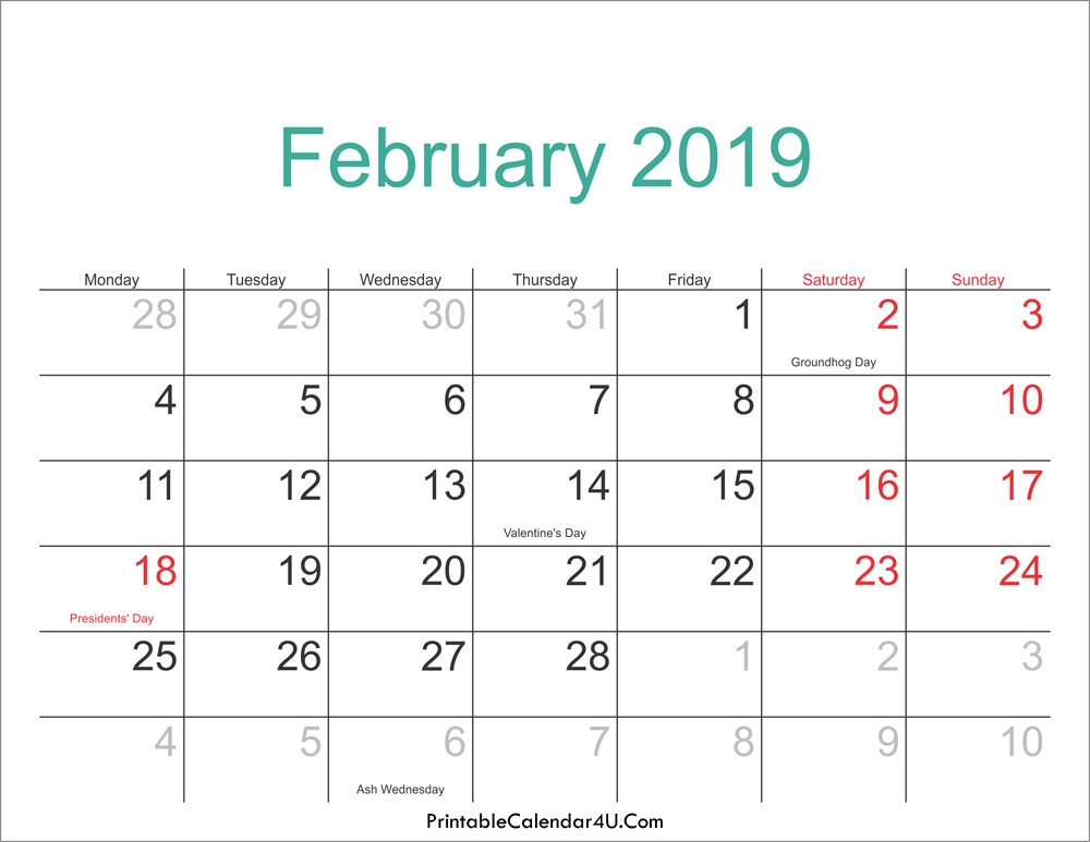february 2019 calendar printable holidays